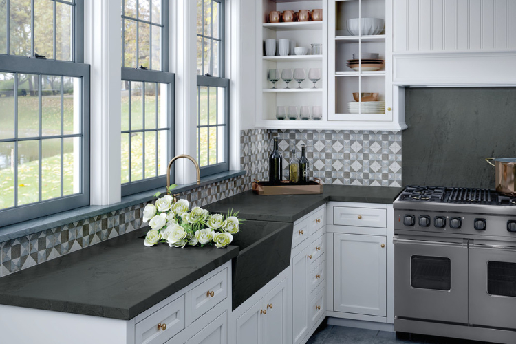 Grey Backsplash Tile in Farmhouse Kitchen